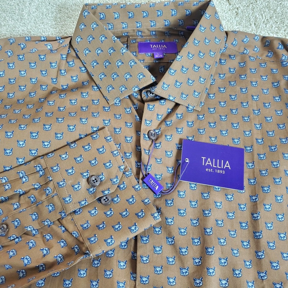Tallia Men's Button Up Shirt Brown With Blue Cat Heads Size L Long Sleeve NWTG